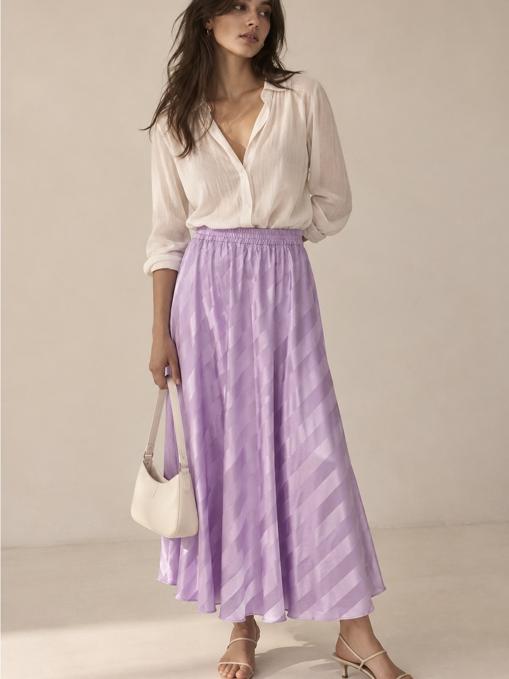 PROMESA Lavender Satin Stripe Drop Waist Maxi Skirt Size Large